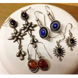 4 pairs of silver drop earrings including amber & lapis lazuli cabouchons.