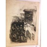 An unframed vintage block print engraving of a German village scene - signed in pencil to the