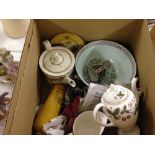 A box of ceramics to include Royal Doulton "Coaching Days" and Adams Calyx Ware "Singapore Bird"