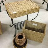 Small seagrass & metal table, 46 x 32 x 52cm. Together with a seagrass magazine rack, vase and