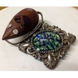 2 costume jewellery brooches, one a small treen mouse, the other a white metal diamond shaped brooch