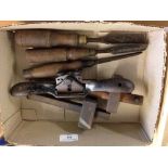 Collection of 6 vintage woodworking tools to include Sorby chisels.