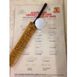 A miniature cricket bat with MCC & Australian 1954/5 facsimile signatures, an Austrailian 1989 sheet