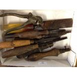 Box of 10 vintage woodworking tools.