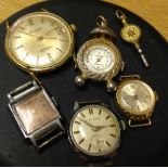 A collection of 5 old watches including MITOT & Accurist and a watch key.