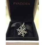 Pandora sterling silver snowflake necklace pendant adorned with cubic zirconia in original box.