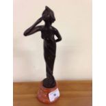 Small art nouveau style girl bronze on a marble base - blowing a kiss. 22cm tall.