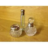 A HM silver lidded rouge pot - Birmingham 1912, a HM silver rimmed scent bottle and a phial shaped