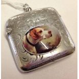 HM Silver vesta case with enamelled dog cabouchon.  Birmingham 1901, approx weight 36.6g.