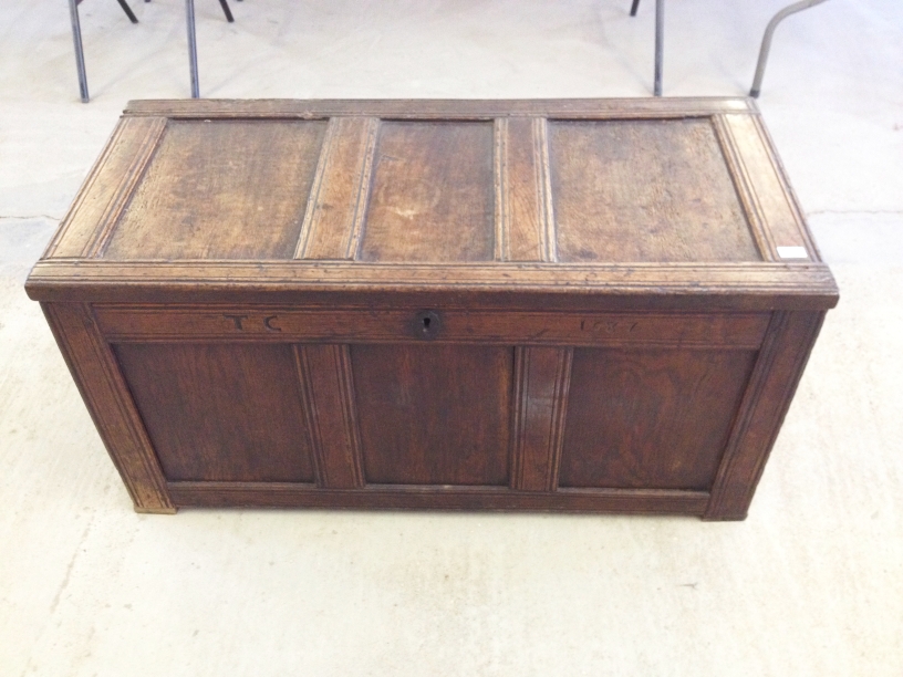 A 17th century antique oak coffer/blanket chest inscribed TC 1687. - Image 4 of 6