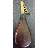 Antique leather powder flask with embossed game birds decoration.