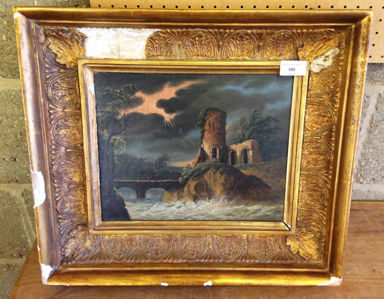 A framed late 17th century /early 18th century oil on canvas of a ruined castle in a storm.