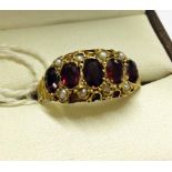 Antique Victorian 15ct gold garnet & seed pearl dress ring. Chester hallmark 1880. Set with 5 oval