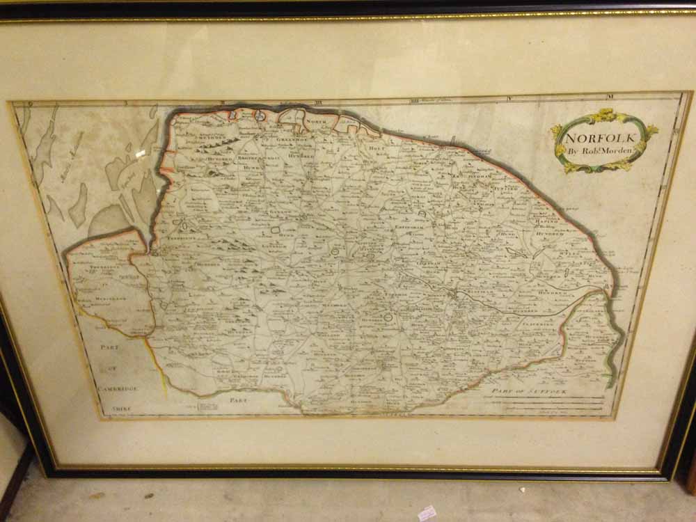 Framed & glazed hand coloured map of Norfolk by Robert Morden 55 x 75cm.