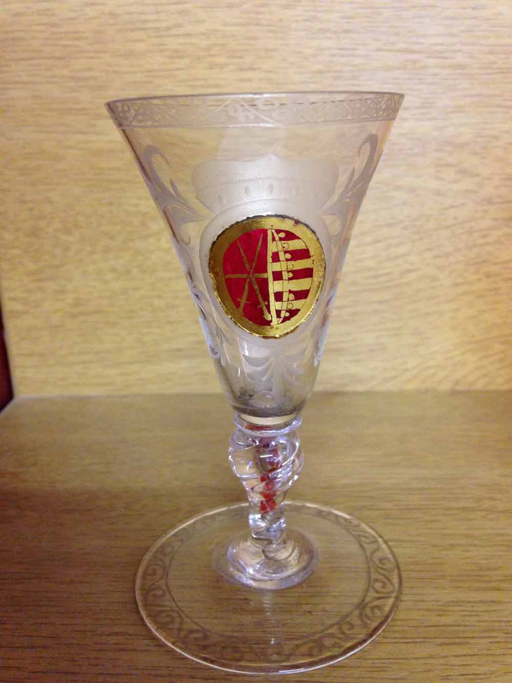 A 18th century Silesian wine/sherry glass c1720 with a ruby glass zwischengold medallion bearing the - Image 2 of 8