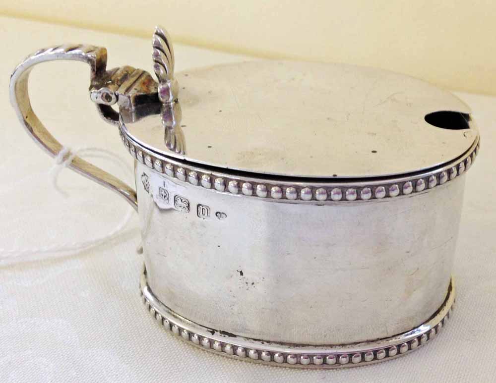 A silver mustard pot with hinged lid & blue glass liner, Birmingham 1912. - Image 2 of 2