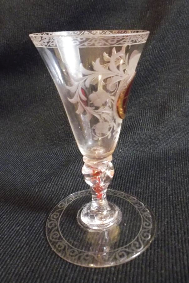 A 18th century Silesian wine/sherry glass c1720 with a ruby glass zwischengold medallion bearing the - Image 5 of 8