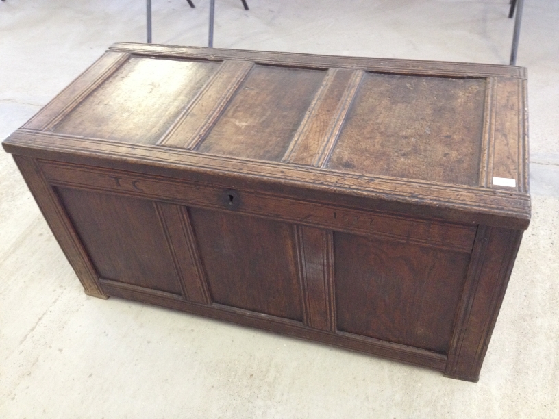 A 17th century antique oak coffer/blanket chest inscribed TC 1687. - Image 2 of 6