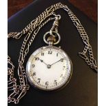 Hallmarked silver ladies pocket watch, Swiss made, on a 24" fancy silver chain. Nicely engraved