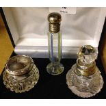 A HM silver lidded rouge pot - Birmingham 1912, a HM silver rimmed scent bottle and a phial shaped