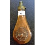 G & JW Hawksley copper powder flask with game birds decoration.