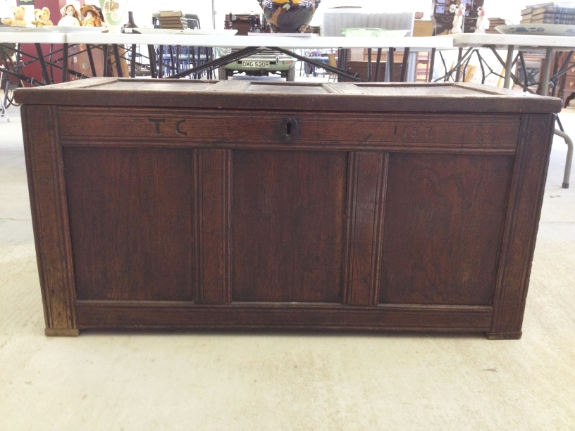 A 17th century antique oak coffer/blanket chest inscribed TC 1687. - Image 3 of 6