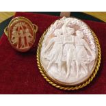 A 9ct gold cameo brooch with a 9ct gold cameo ring, both with the 3 Graces decoration. Ringsize O1/