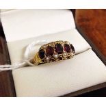 Antique Victorian 15ct gold garnet & seed pearl dress ring. Chester hallmark 1880. Set with 5 oval