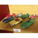 7 vintage diecast sports cars - 6 x Dinky, and 1 x Corgi - all playworn condition