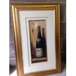 A framed & glazed gilt framed print of a vintage bottle of wine, 85cm x 54cm