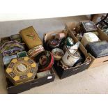 3 boxes of vintage advertising tins to include a Co-Op B X Shoe Brushes and a French tin wall