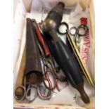 A box of mixed items to include a vintage Bullfinch self-blowing torch, cut throat razors &
