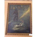 A framed oil on canvas of a fly fisherman signed Grayling 1974, 45 x 35cm.