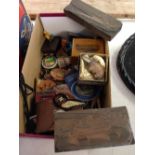 A box of mixed items to include machinery printing blocks, Zeiss Ikon lenses and RAF navigators