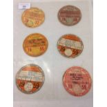 6 Classic Motorcycle Tax Discs, 1957-1959. Good to mint condition.