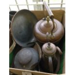 A copper kettle, coffee pot, frying pan & lamp.