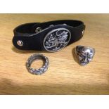 3 Gothic items of jewellery - 2 rings and a leather armlet.