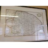 Framed & glazed hand coloured map of Norfolk by Robert Morden 55 x 75cm.