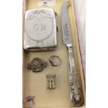 A HM Silver cigarette case - Birmingham 1922, approx 74.3g with a HM silver handled cheese knife,