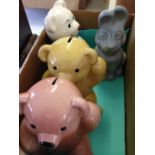 4 ceramic money boxes - 3 teddy bears and a rabbit.