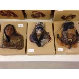 3 boxed JH Boone Native American Indian wall plaques: 'Whitetail', 'Medicine Man' & 'Patient Wind'.