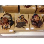3 boxed JH Boone Native American Indian wall plaques: 'Bear Claw', 'Autumn Wind', 'Celebration'.