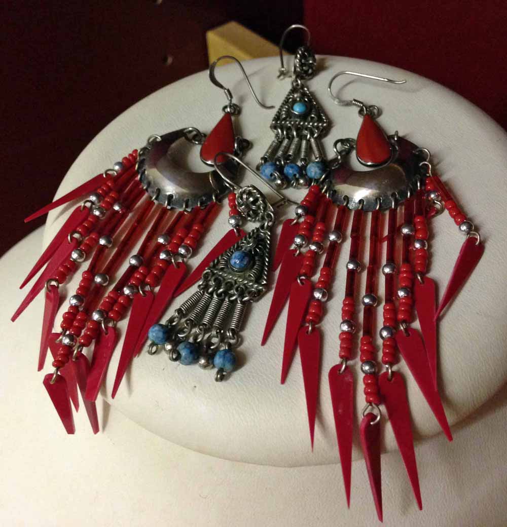 2 pairs of American Indian design silver earrings with semi-precious stones & beads.