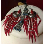 2 pairs of American Indian design silver earrings with semi-precious stones & beads.