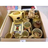 A box of breweriana to include a Teachers water jug, Bullards ashtray & stoneware bottles.