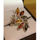 Ladies silver dress ring with pretty leaf design set with amber, size R 1/2
