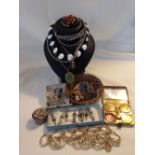 Box of costume jewellery & other items to include a silver ring set with garnets, a vintage 'Fifth