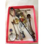 Tray of spoons to include Mappin & Webb and enamelled collectors spoons.