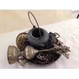 A small quantity of brass & copper items to include a 2 handled pan, an unusual brass chain and a