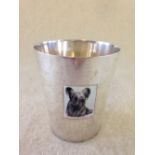 Silver beaker with enamelled dog decoration, approx weight 120.8g.